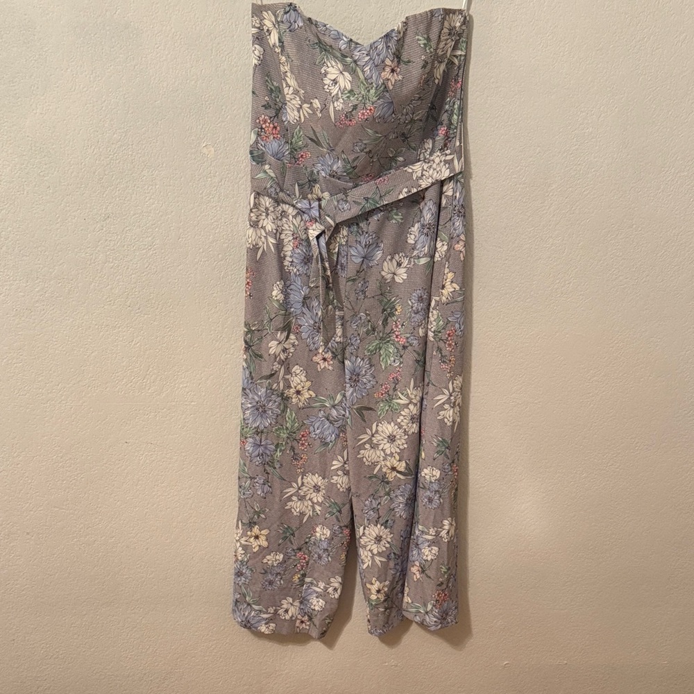 H&M Strapless Floral Jumpsuit in Dusty Gray with Blue & Cream Blooms
